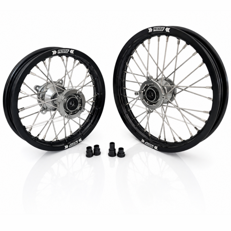 Paire de roues MX PROSTUF 65cc - KTM / GASGAS / HVA - 25-27 - Moyeux Titanium & Jante noires 14/12